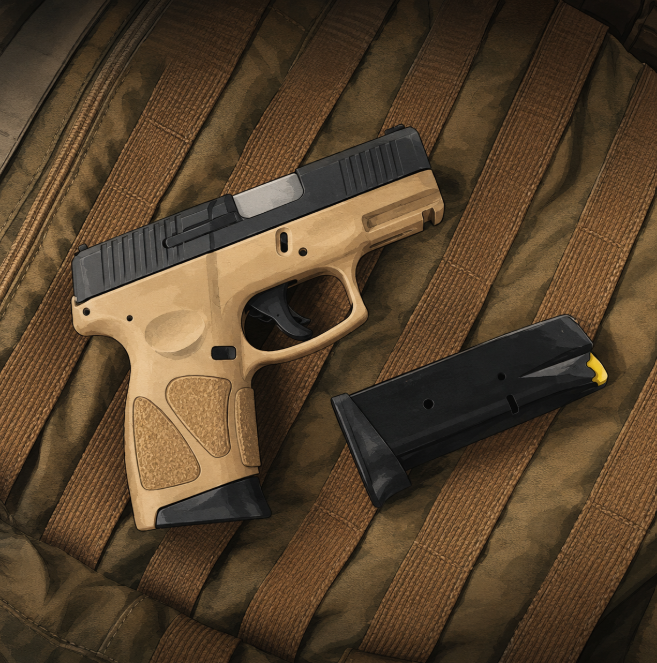Pistola semiautomática tan e preta sobre base tática MOLLE